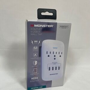 Monster 3 Outlet 4 USB-A Wall Tap Charger Power Strip‎ Surge Protector